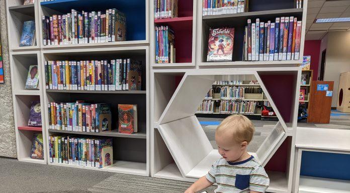small boy sitting in front of library bookshelf looking at a book