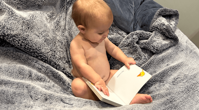 toddler reading a book