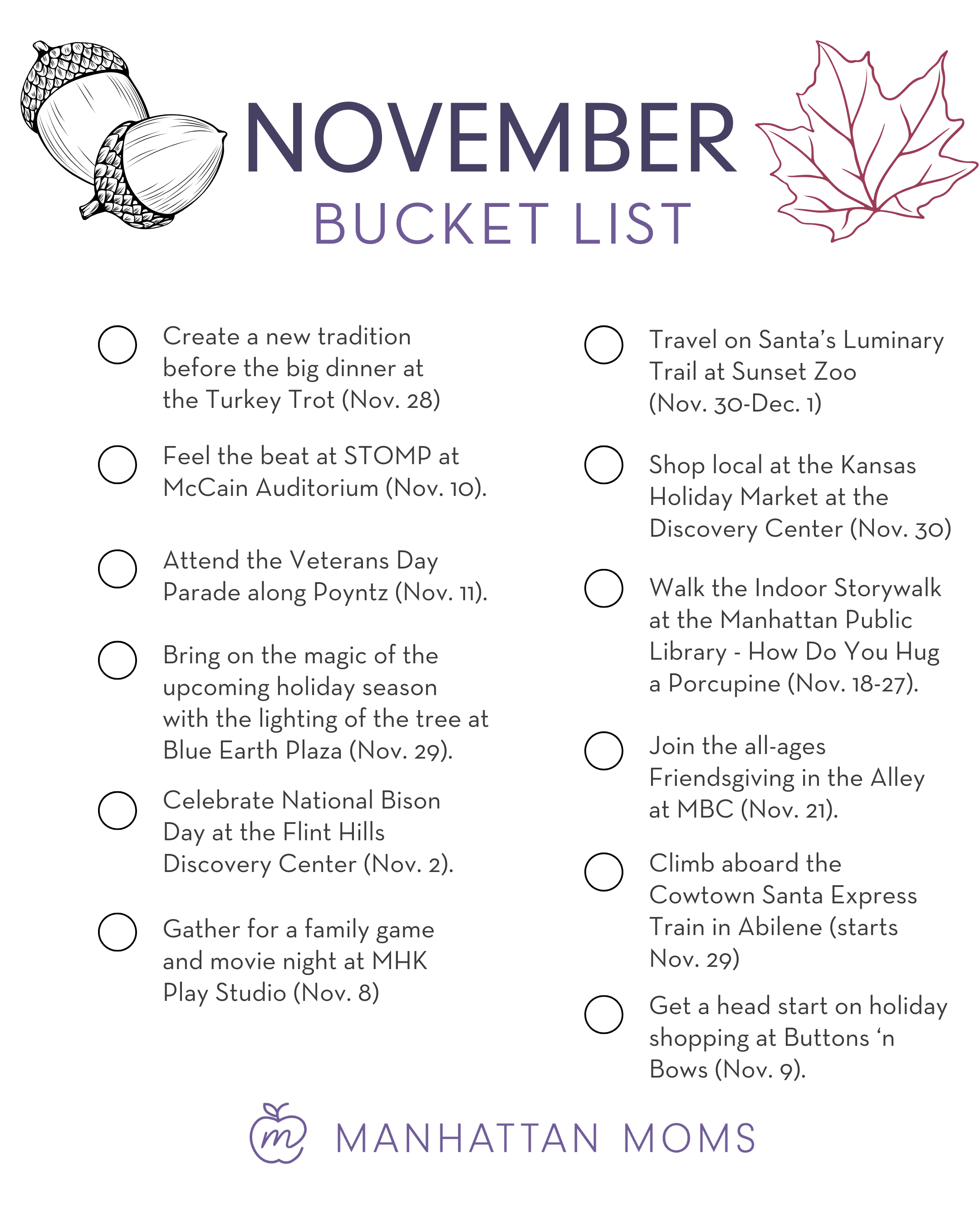 November bucket list of activities in Manhattan, Kansas